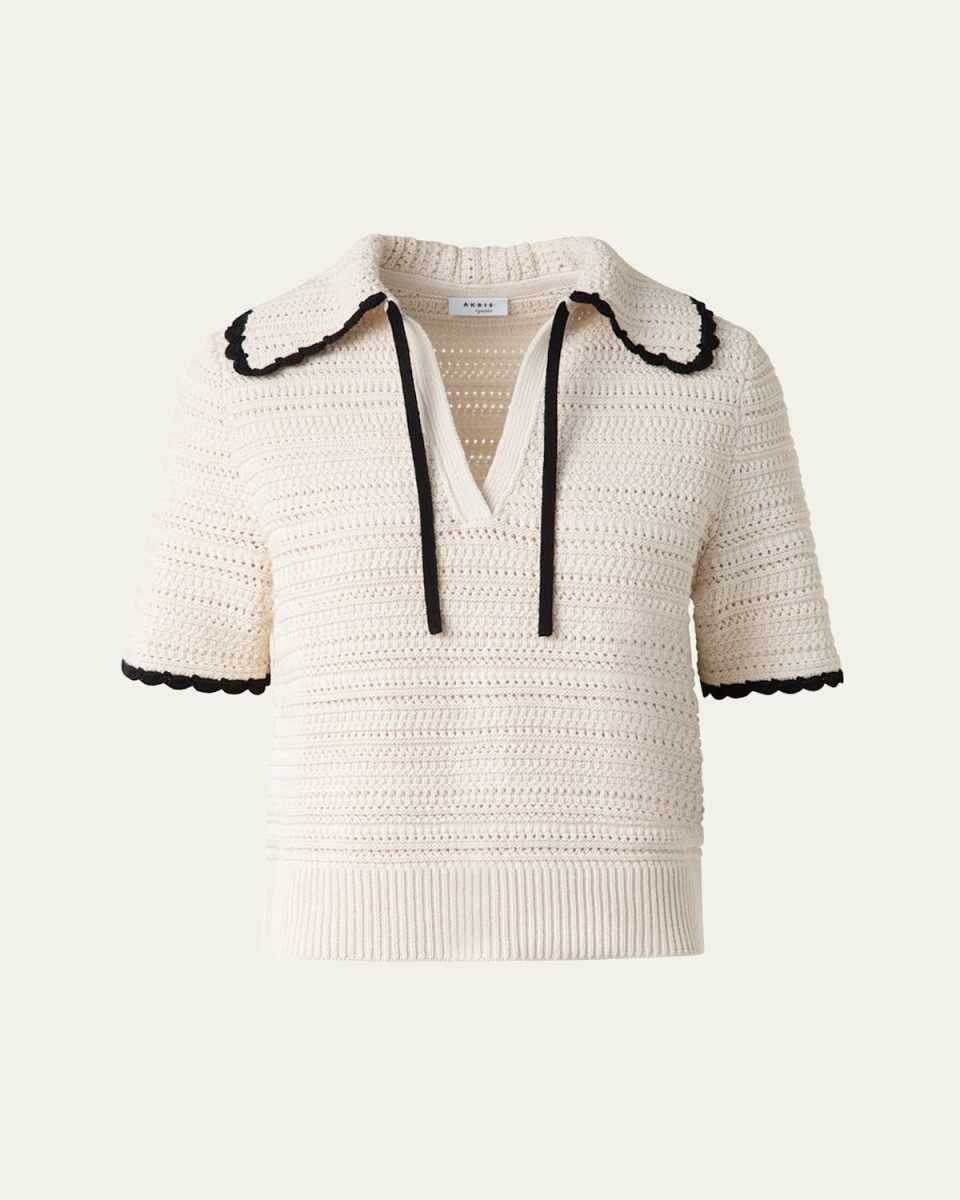 Boxy Knit Cotton Crochet Polo Top